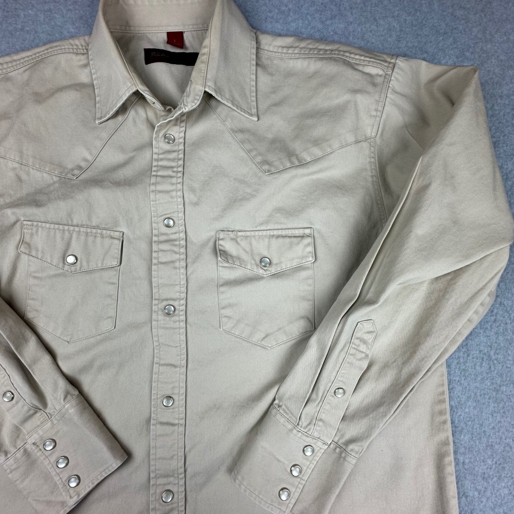 Real Ranch Mens Western Snap Shirt‎ Tan Long Sleeve Pearl Snap Yoke Large